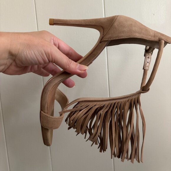 Steve Madden Sashi Fringe Suede Sandals High Heels Taupe Tan 7.5 - Picture 9 of 12